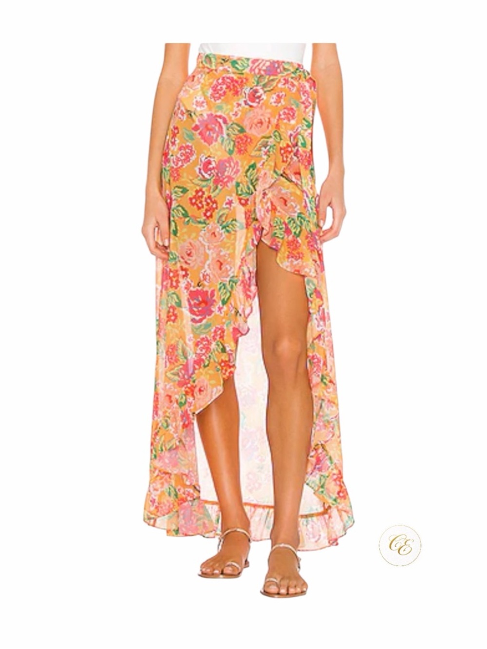 Lovers + Friends Peach Floral Maxi Skirt with Green and Red Accents